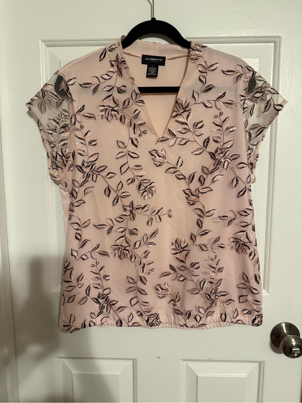 Liz Claiborne Career Pink Floral Embroidered Mesh Blouse Size L